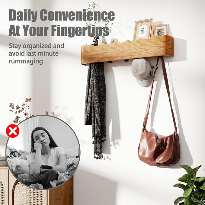 Coat Rack Wall Mount with Shelf 5 Hidden Hooks Modern Wooden Key Holder Entryway Organizer for Hallway Bedroom Bathroom Home Decor Storage for Hanging Coats Hats Bags Towels, Wave-Shape Oak - Image 5