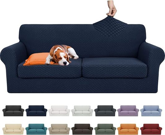 YEMYHOM Latest Checkered 3 Pieces Couch Covers for 2 Cushion Couch High Stretch Sofa Cover with 2 Extra Large Seat Cushion Covers Anti Slip Elastic Slipcovers (Navy), 71"-91"(2 Cushions) by YEMYHOM