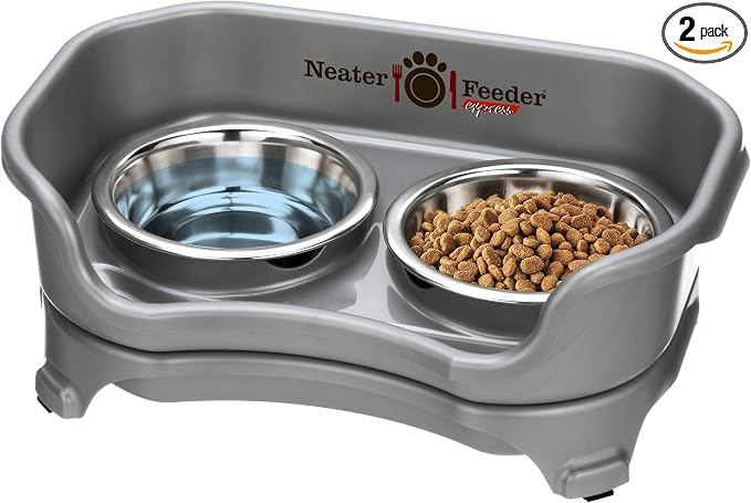 Neater Feeder Express Mess Proof Cat Bowls Elevated, No Spill Feeding Station, Stainless Steel Dishes for Food and Water, Raised Bowls for Indoor Cats, No Fatigue Whisker Friendly Dish, Grey by NeaterPets