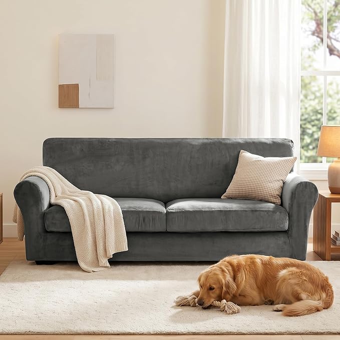 XINEAGE 3-Piece Velvet Sofa Cover,Couch Covers for Dog,Gray | 2 Cushion Sofa,Stretch Non-slip Elastic, Pet-friendly, Washable, Fast Setup, Soft Plush Fabric, Furniture Protector. - Image 4