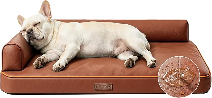 Outdoor Waterproof Dog Bed for Small Dogs, Egg Crate Foam Crate Pad with Raised Bolster, Removable Washable Leather-Look Cover, Non-Slip Bottom, Brown, for Dogs Up to 20 in. Long by Lekereise