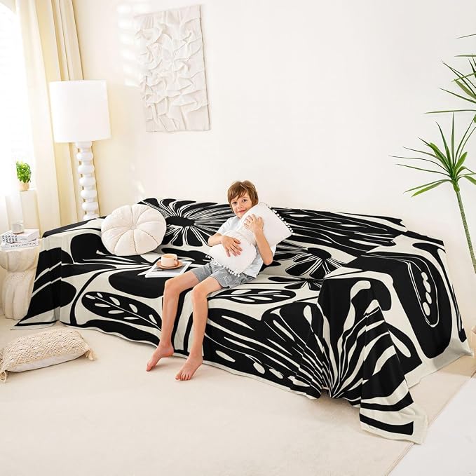 Erosebridal Boho Floral Couch Cover 91" X 118" Black Flower Sofa Cover Vintage Abstract Floral Leaves Couch Protector Aesthetic 70S Modern Sofa Protector for Cushion Couches Sofas, Washable Non Slip - Image 4