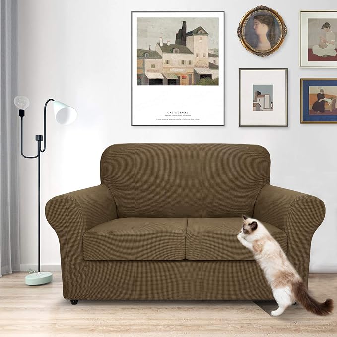 MAXIJIN 3 Piece Couch Covers for 2 Cushion Couch Super Stretch Loveseat Slipcover Dogs Pet Proof Fitted Furniture Protector Spandex Non Slip Sofa Love Seat Cover Washable (Loveseat, Brown) - Image 2