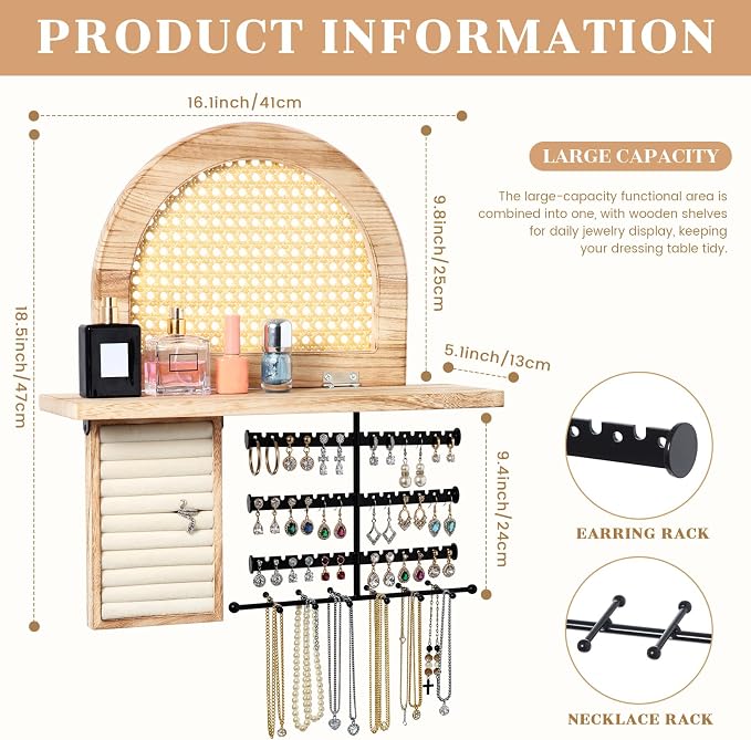 AceOrbit Hanging Jewelry Organizer Wall Mounted with Rustic Wood Rattan Shelf Wooden Ring Display Box Large Boho Jewelry Holder for Necklaces Bracelet Earrings Rings Storage - Image 2