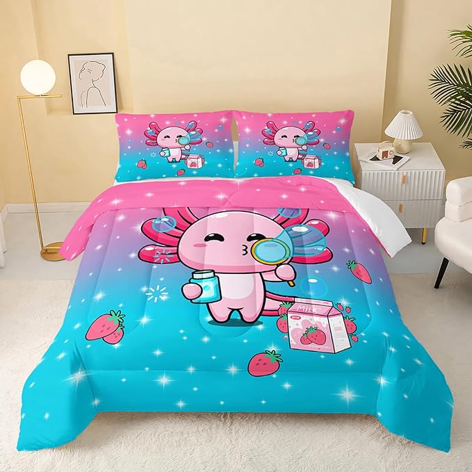 QOOMO Kawaii Axolotl Comforter,Pink Salamander Bedding Set for Kids Teens Girls,3Pcs Bedding Set Printed Comforter with 2 Pillowcases,Down Alternative,Soft and Lightweight(Pink，Full Size) by QOOMOHOME