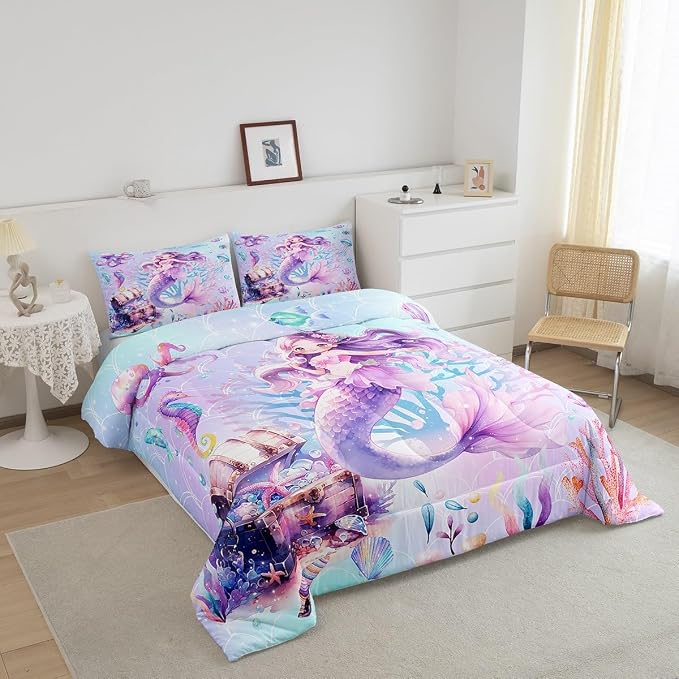 Manfei Mermaid Girl Twin Bedding Sets for Girls,Cute Starfish Octopus Sealife Comforter Set Kids Bedroom Decor,Dreamy Underwater World Quilted Comforter,Purple Mermaid Tail Blanket Bedding,Girl Gifts - Image 2
