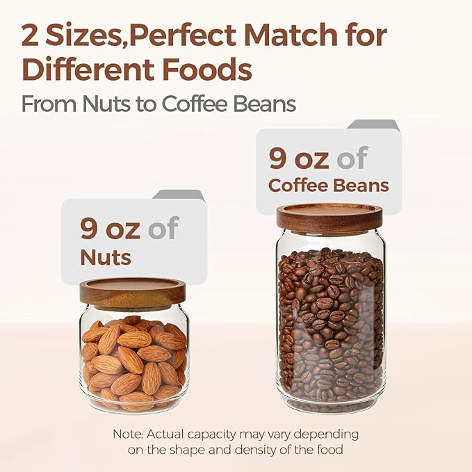 ComSaf Glass Pantry Storage Container with Acacia Wood Lids 1.1/0.5Qt 6Pack | Food Canister for Cooks, Oats Coffee Sugar Nuts Snacks Tea Candy, Pantry Kitchen Living Room, Stacked Design, Jar with Labels - Image 3