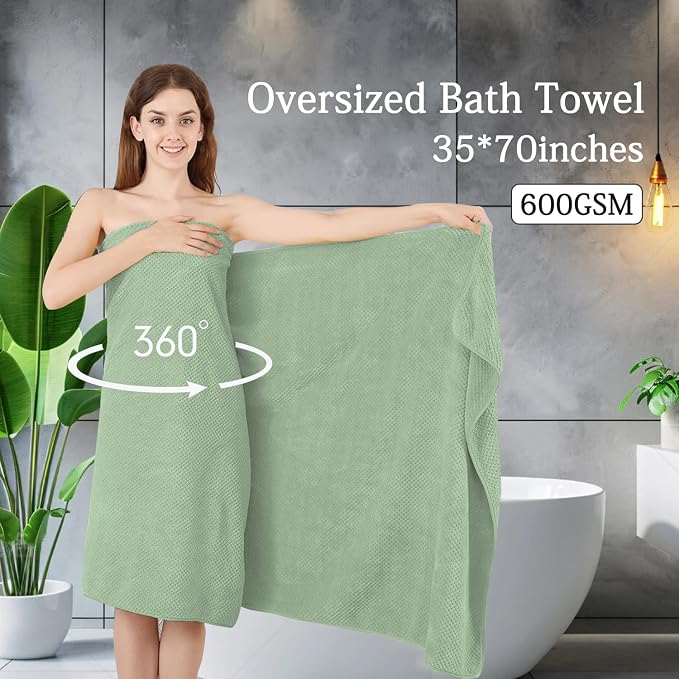 8-Piece Green Bath Towels Set,2 Oversized Large Bath Towels Sheet,2 Hand Towels and 4 Washcloths - 600 GSM Soft Luxury Towel Set,Highly Absorbent Quick Dry Towel Collection for Bathroom,Hotel and Spa - Image 2