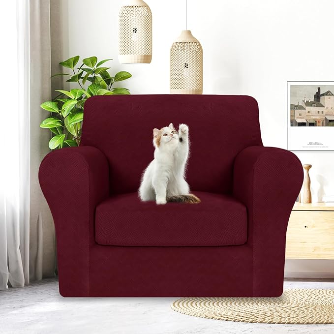 MAXIJIN 2 Piece Chair Covers Chair Slipcover with Arms, Sofa Chair Cover for Living Room Armchair Cover, Stretch Pet Dog Slip Cover for A Chair with 1 Cushion (31"-46", Wine Red) - Image 3