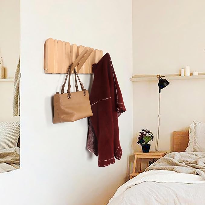 Wall Coat Rack for Entryway: Folding Wood Modern Heavy Duty 8 Hooks | 21.6'' Wall Mounted for Boho Home Decor Bathroom Bedroom Hallway for Hanging Towel Jacket Backpack Bag - Image 8