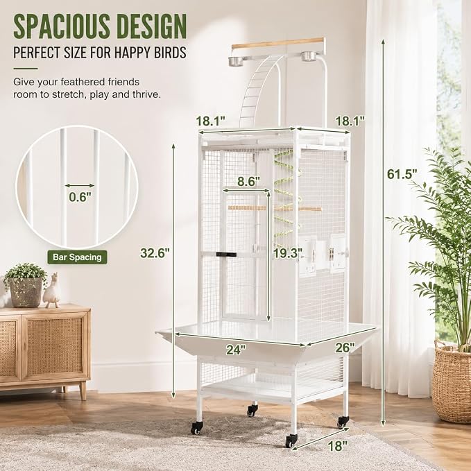 Erinnyees 61 Inch Wrought Iron Large Bird Cage with Rolling Stand, Heavy-Duty Parakeet Cage with Pull-Out Tray and Wheels, Birdcage for Parrots, Cockatiels, Budgies, Lovebirds, Macaws (White) - Image 2