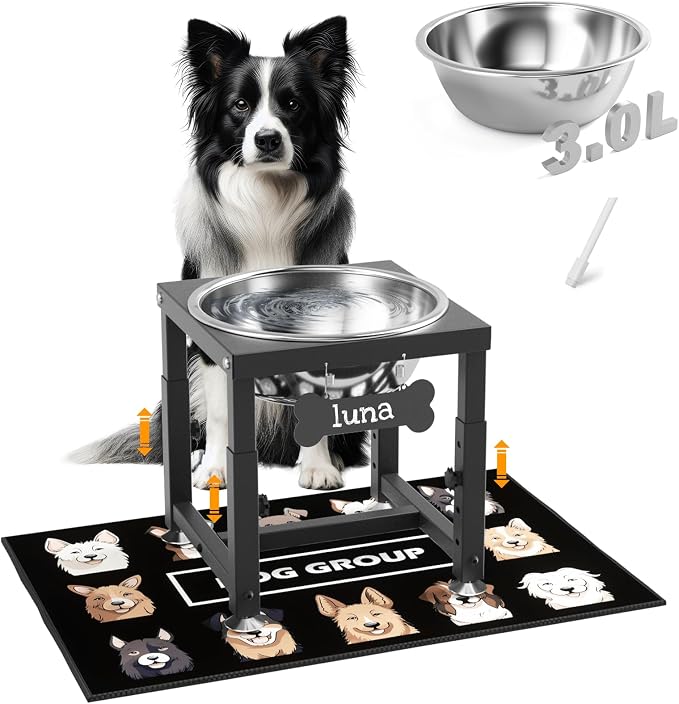 ADENGL 0.8 Gallon Elevated Dog Water Bowl for Medium Dog, 4-Height Adjustable (8–12.2'') Raised Stainless Steel Bowl with Spill-Proof Mat & Sturdy Metal Stand, Easy-Clean Feeder for Indoor/Outdoor Use by ADENGL