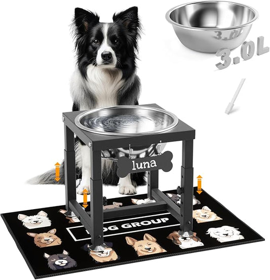 ADENGL 0.8 Gallon Elevated Dog Water Bowl for Medium Dog, 4-Height Adjustable (8–12.2'') Raised Stainless Steel Bowl with Spill-Proof Mat & Sturdy Metal Stand, Easy-Clean Feeder for Indoor/Outdoor Use by ADENGL