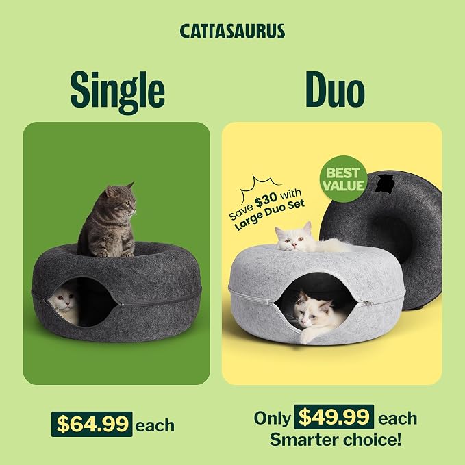 Cattasaurus Peekaboo Cat Cave Donut for Multiple & Large Cats up to 30-45 lbs, 3-in-1 Self Warming Cat Bed, Tunnel & Scratcher for Indoor Cats, Washable & Detachable (Light Gray + Dark Gray, Large) - Image 2