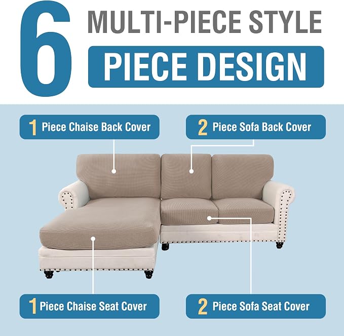 H.VERSAILTEX Sectional Couch Covers 6 Pieces Stretch Sofa Covers for Sectional Sofa Set Separate L Shaped Couch Cover for Both Left/Right Couch (Seat and Back: 1 Chaise + 2 Sofa, Sand) - Image 3