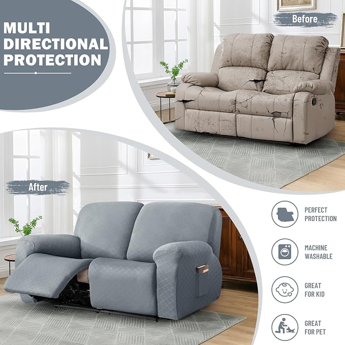 vctops Diamond Recliner Loveseat Slipcover 6-Pieces Stretch Dual Recliner Sofa Covers for 2 Seat Dual Reclining Loveseat Couch Soft Solid Furniture Protector (Light Grey,2 Seat) - Image 5