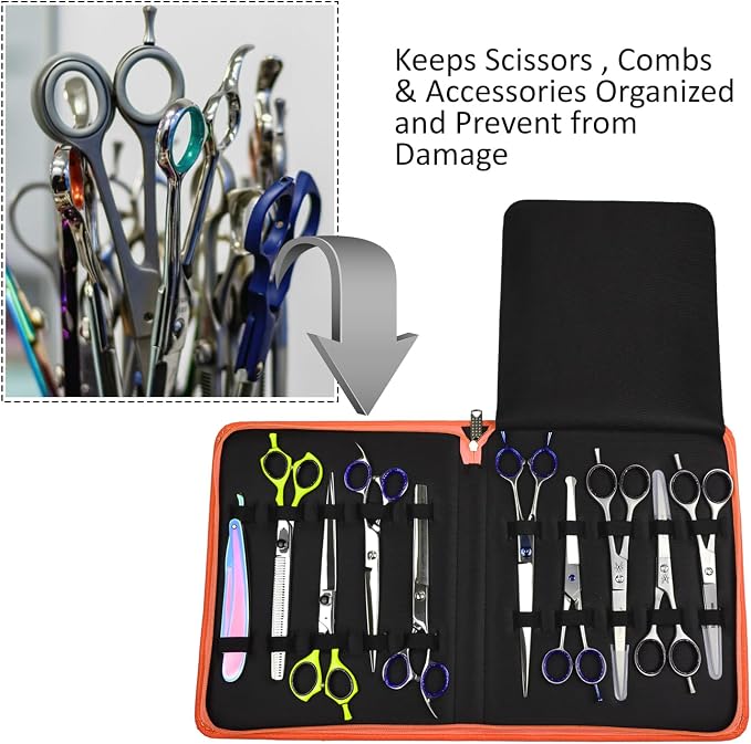 Leather Shears Case, Scissor Case, Shear Holder Holds 10 Grooming or Beauty Shears (Orange) - Image 5