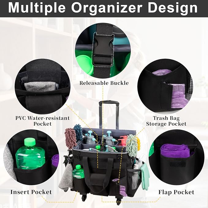 Large Rolling Cleaning Caddy with Wheels, Cleaning Supplies Organizer with Detachable Trolley, Water-resistant Cleaner Cart for Housekeepers, Multi Pocket Cleaning Cart with Shoulder Strap, Black - Image 6