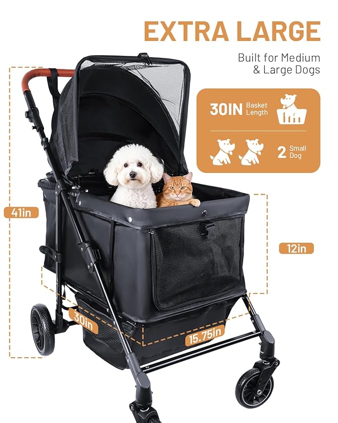 Dog Stroller for Large & Medium Dogs (20–132 lbs), Pet Stroller for 2 Small Dogs with Adjustable Handle & Canopy, Sun Shades, Storage Organizer, Foldable & Ventilated,Black