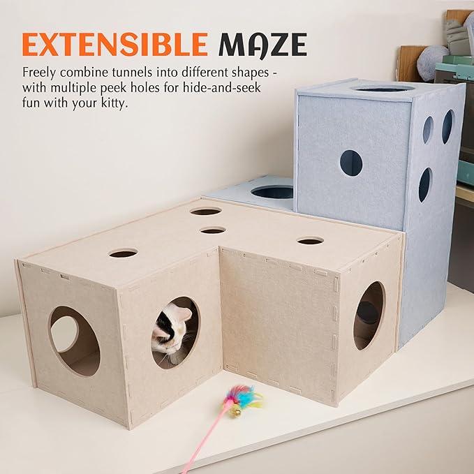 PETKARAY Cat Tunnel, Original Cat Hideaway Cave for Indoor Cats, Large Kitten Play Tubes and Tunnels, Soft Felt Cat Toy with Interactive Peek Hole, Grey L Shape - Image 4