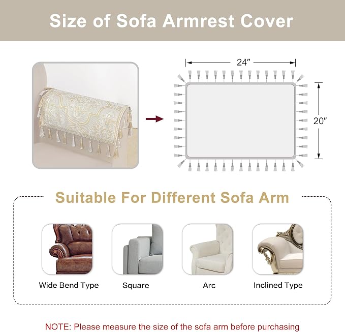 Loom and Mill Luxury Elegant Sofa Arm Covers 2 PCS, Beige Gold, 20x24in | European Damask Floral Couch Armrest Cover with Tassels, Non-Slip Furniture Protector for Chair Sofa Recliners Couch Dogs Pet - Image 2
