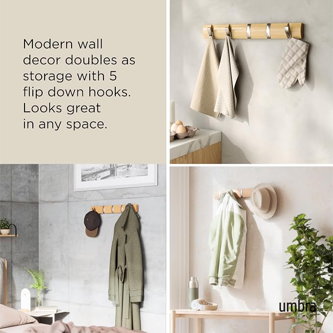 Umbra Flip 5 Wall Mounted Hook | Real wood and steel build, retractable hooks fold flat, holds coats bags and scarves, easy install - Image 4