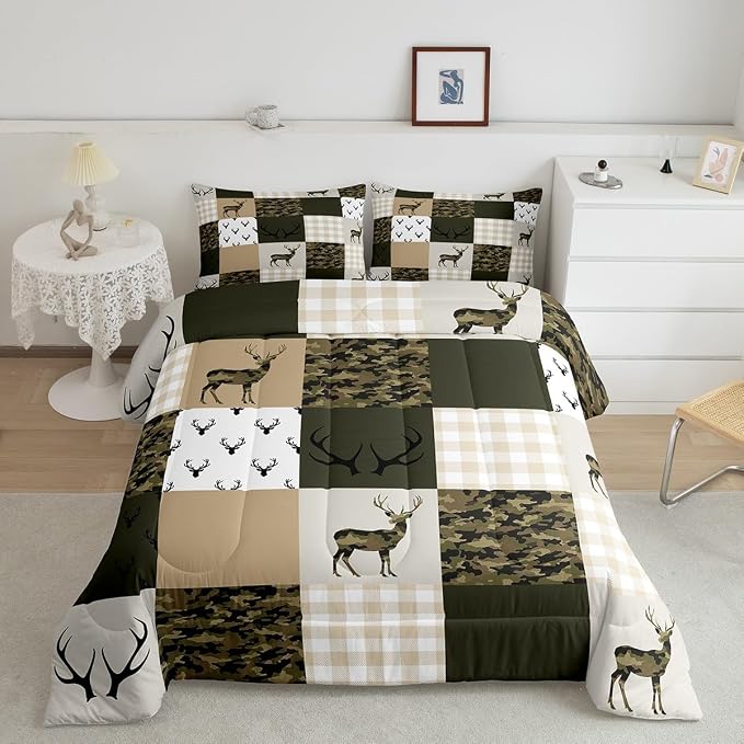 Homewish Camouflage Comforter Set Full Size Woodland Camo Quilt Set Green and Beige Plaid Print Bedding Set 3pcs for Kids Boys Teens Room Decor, Animal Deer Antlers Duvet Insert with 2 Pillowcases - Image 7