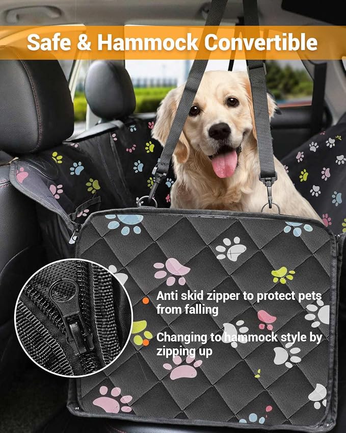 Dog Car Seat Cover, 600D Heavy Dute Car Seat Cover for Dogs Pets, 100% Waterproof Anti-Scratch Nonslip Dog Hammock for Cars, Seat Covers Protector with SeatBelt for Sedan SUV Truck Standard Paw - Image 2