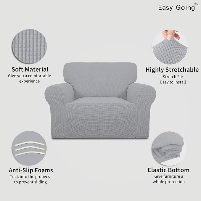 Easy-Going Stretch Oversized Chair Slipcover with Arm Washable Silver Gray | 1-Piece Large chair covers armchair Furniture Protector for Living Room chair and a half cover Soft For Kids, Pet. - Image 3