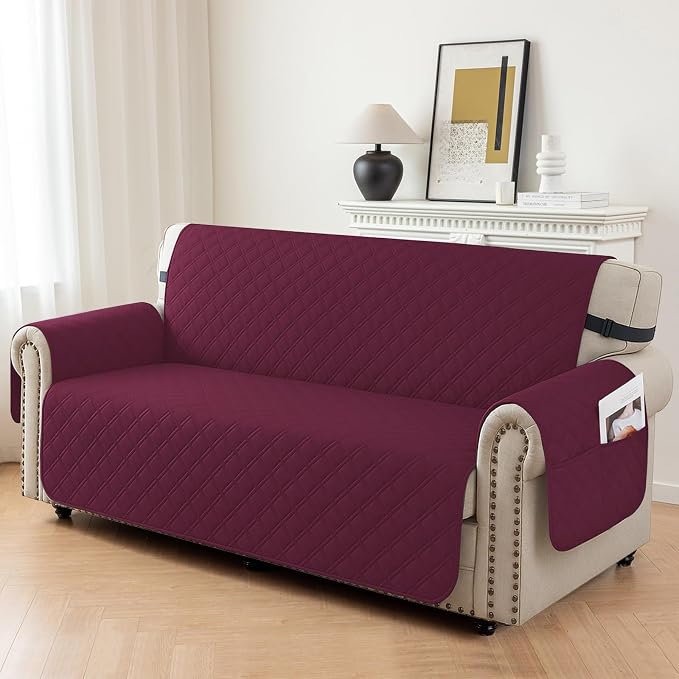 Waterproof Loveseat Covers for 2 Cushion Couch, Sofa Covers for Pets Washable with Side Pockets, Non Slip Couch Covers for Dogs, Dog Couch Cover with Elastic Straps (Loveseat, Burgundy) - Image 2