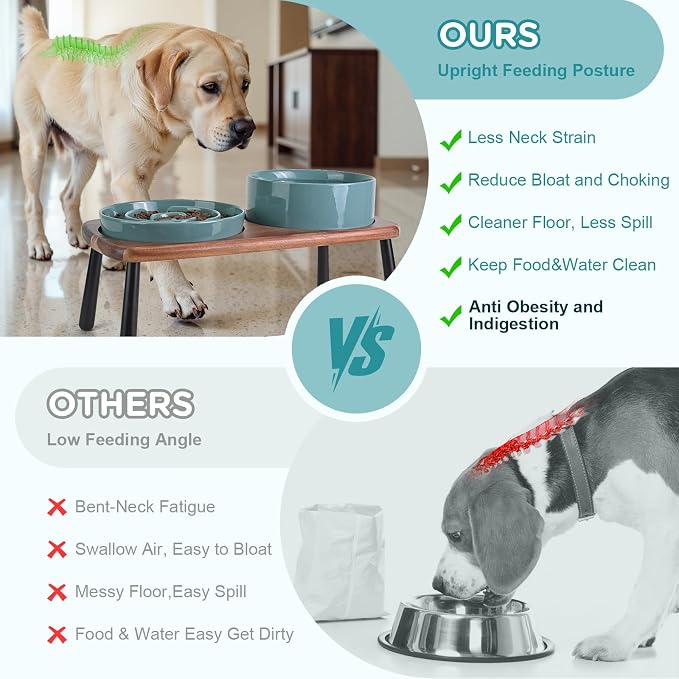 SPUNKYJUNKY Ceramic Elevated Dog Bowls with Slow Feeder Raised Acacia Bamboo Wooden Stand, 8.3'' Dog Food Water Bowls Set Non-Slip for Medium Large Sized Breed Microwave Dishwasher Safe - Dark Green - Image 3