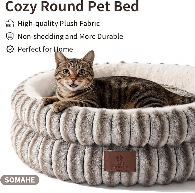 SOMAHE Cat Bed, Round Plush Faux Fur Donut Cuddler – Machine Washable Calming Cat Bed for Indoor Cats & Kittens, Removable Cushion Non-Slip Fluffy Kitten Bed, Cozy Small Cat Nest, 20" Inch Coffee - Image 2