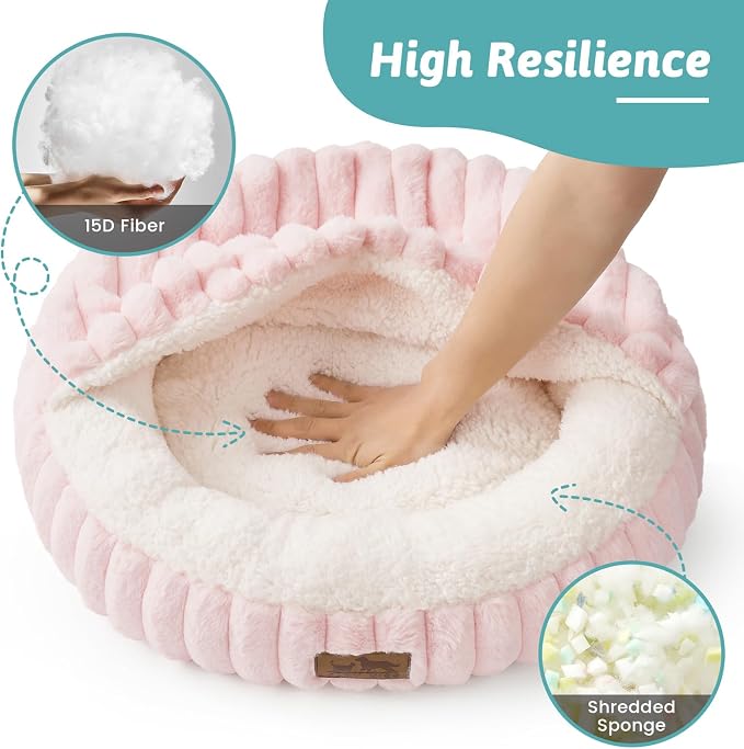 Small Dog Bed with Hooded Blanket, Round Fluffy Anti-Anxiety Pet Bed for Small Dogs & Medium Dogs, Cozy Donut Cuddler with Machine Washable Faux Fur & Anti-Slip Bottom(26"×26"×7",Pink) - Image 5