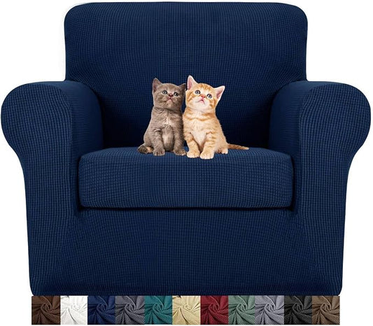 MAXIJIN 2 Piece Chair Slipcovers with Arms Super Stretch Chair Covers for Living Room Dogs Pet Proof Fitted Sofa Couch Protector Spandex Non Slip Armchair Slipcover Washable (Chair, Navy Blue) by MAXIJIN