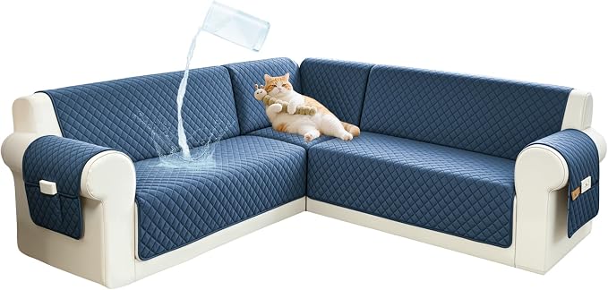 Sectional Couch Covers for Dogs 100% Waterproof Corner L Shaped Sofa Cover Pet Friendly Velvet Washable Anti Slip L Shape Modular Sofa Slipcover Protector with Pockets (Blue, Small) by SYJOVIA