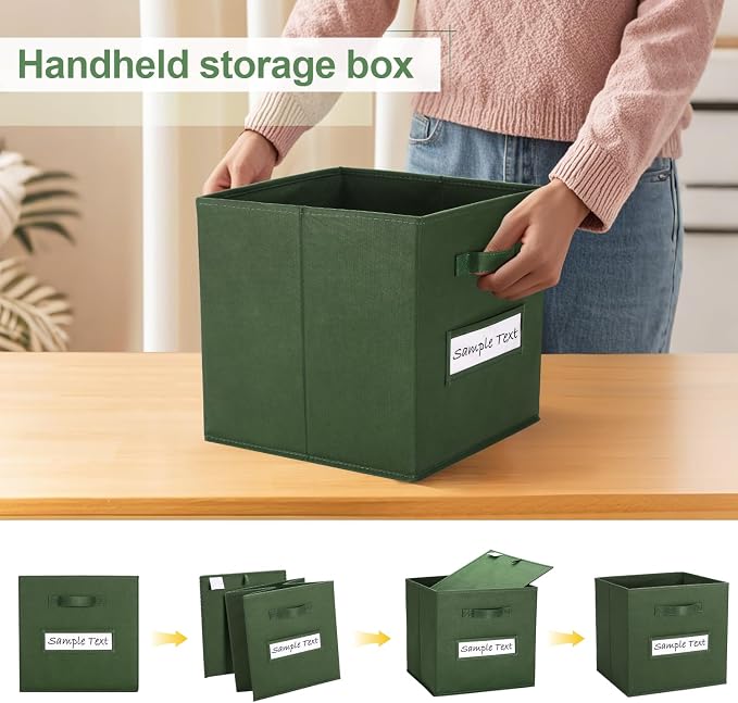 11x11 storage cube bins (Set of 10) Foldable Fabric storage cubes with 10 Labels Window Cards & a Pen,11 inch cube storage bin,Closet Organizers for Shelves,Cubby Organizer Boxes,Dark Green - Image 4