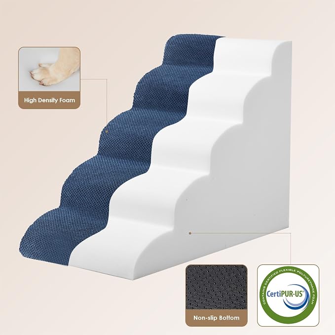 EHEYCIGA Curved Dog Stairs Ramp for High Beds 22.6" H, 5-Step Dog Steps for Small Dogs and Cats, Pet Stairs for High Bed Climbing, Non-Slip Balanced Pet Step Indoor, Navy - Image 2