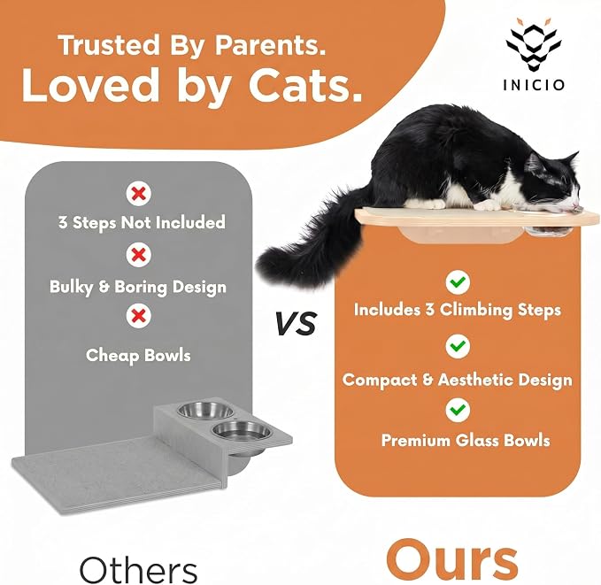 INICIO Cat Shelves - Feeding Shelf with 3 Cat Wall Steps - Natural Wood | Cat Wall Shelves with Wall Mounted Cat Food Bowls - Dog Proof Feeding Station and Convenient Feeder for Cats up to 15lbs - Image 7