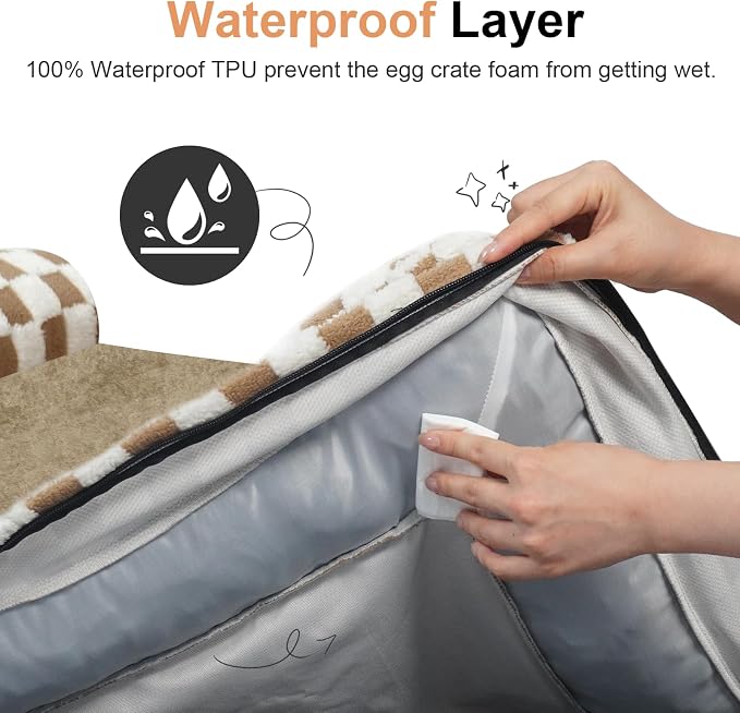 NANUYA Orthopedic Dog Bed for Large Dogs, 36 x 27 Inch, Brown Grid | Egg crate foam for joint support, 3-sided bolster pet sofa, waterproof lining, washable cover, and non-skid base - Image 4