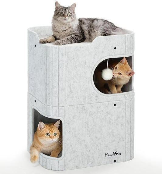 Made4Pets Cat House for Indoor Use, 2-Storey Cube Bed Cave, Covered Hideaway Condo with Scratch-Resistant Felt, Foldable Easy-to-Clean Design for Multi-Cat Homes, Marble White by Made4Pets