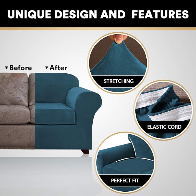 PrinceDeco Couch Cover Velvet Plush Sofa Covers for 2 Cushion Couch Width Up to 90 Inch Washable Furniture Protector Pet Friendly No Slip Sofa Slipcover(Medium-Large, Deep Teal) - Image 3
