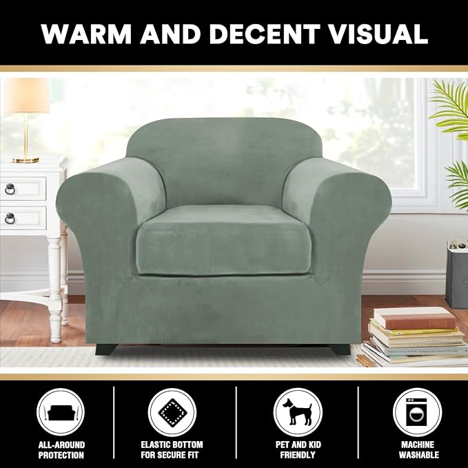PrinceDeco Velvet Plush Couch Cover Stretch 2 Piece Chair Cover Chair Slipcover Washable Furniture Protector Couch Soft with Elastic Bottom Armchair Cover Width Up to 49 Inch(Small, Seagrass) - Image 6