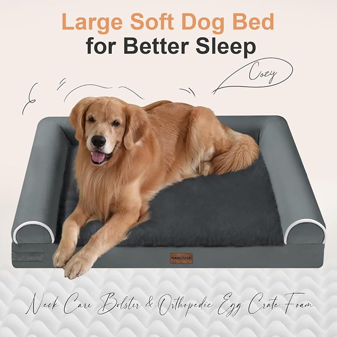 NANUYA Orthopedic Dog Bed for Large Dogs, 36 x 27 Inch, Dark Grey | Egg crate foam for joint support, 3-sided bolster pet sofa, waterproof lining, washable cover, and non-skid base - Image 2