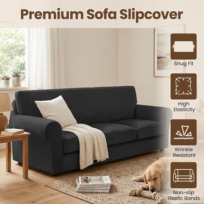 XINEAGE 4-Piece Velvet Sofa Cover,Couch Covers for Dog,Black | 3 Cushion Sofa,Stretch Non-slip Elastic, Pet-friendly, Washable, Fast Setup, Soft Plush Fabric, Furniture Protector. - Image 2