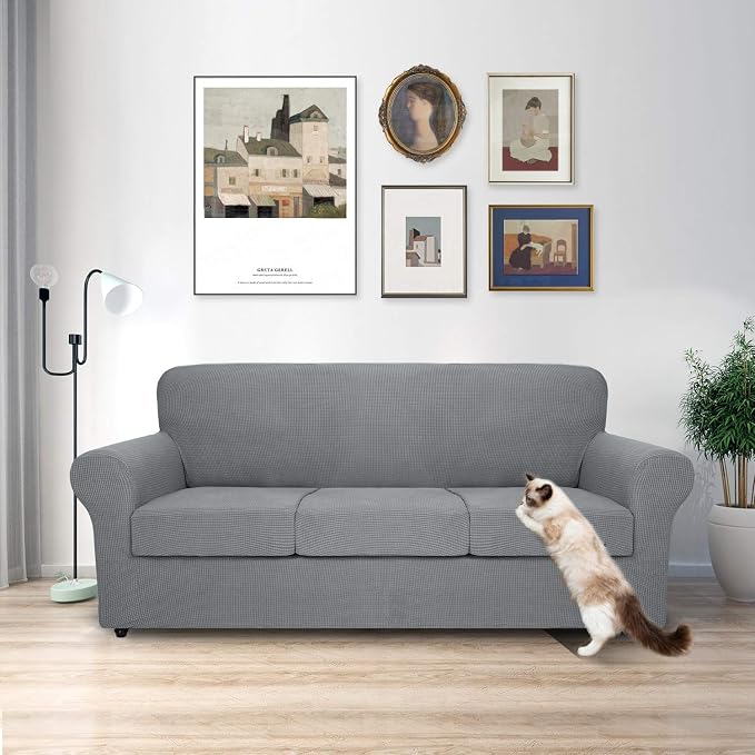 MAXIJIN 4 Piece Couch Covers for 3 Cushion Couch Super Stretch Sofa Cover for Dogs Pet Proof Fitted Furniture Protector Spandex Jacquard Non Slip Couch Slipcover (Extra Large, Light Gray) - Image 2
