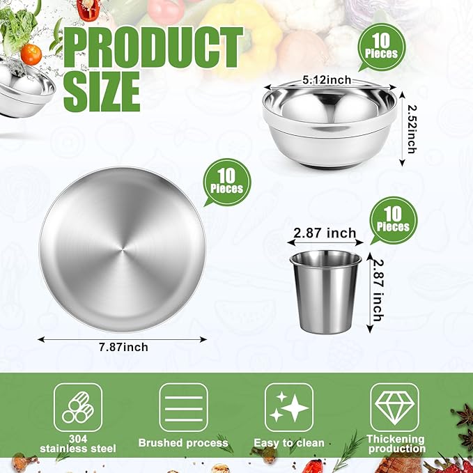 Sunnyray 10 Sets Stainless Steel Plates Bowls and Cups 304 Metal Camping Stainless Steel Dinnerware for Serving Reusable Double Walled Insulated Plates Bowls and Cups for Rice Ice Cream - Image 6