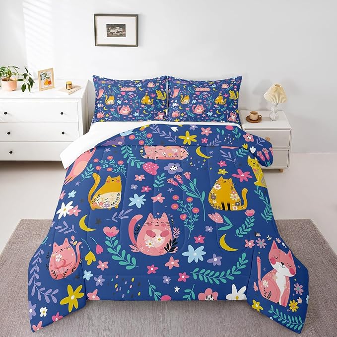 Feelyou Kids Funny Cats Bedding Set Girls Cute Flower Cartoon Kitty Kitten Comforter Set Toddler Size Animal Theme Duvet Insert Girly Kawaii Room Blue Decor - Image 5