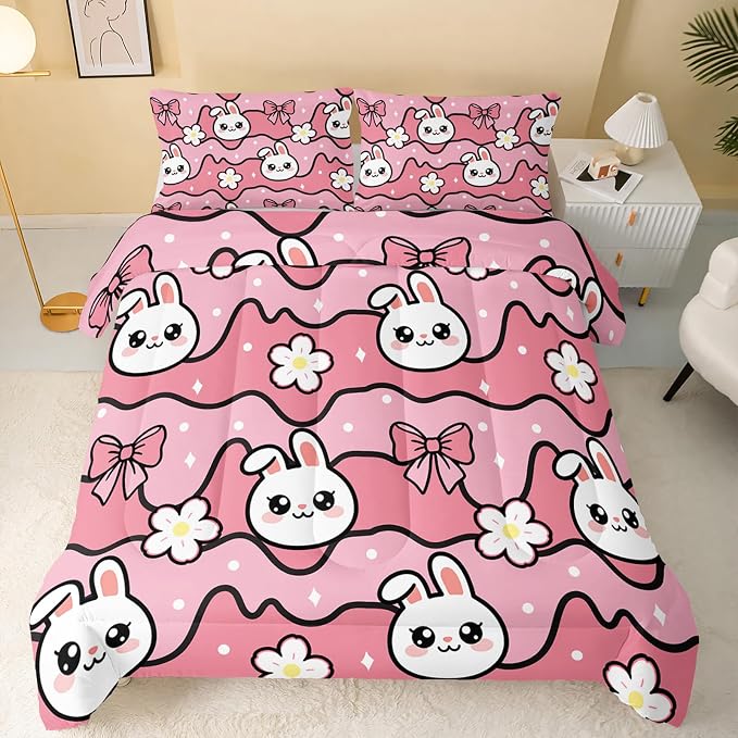 QOOMO Kawaii Rabbit Comforter,Strawberry Rabbit Comforter Set for Kids Teens Girls,3Pcs Bedding Set Printed Comforter with 2 Pillowcases,Down Alternative,Soft and Lightweight(Pink，Twin Size) - Image 2