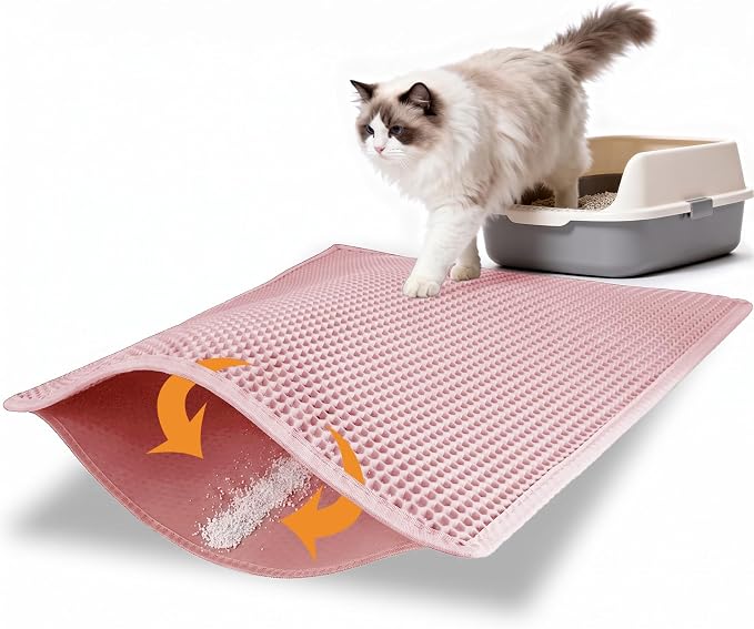 Pieviev Litter Box Mat, Double-Layer Urineproof Design, 30" x 24" Pink | Honeycomb Litter Trapping Mat Captures Scattered Particles to Stop Tracking, Waterproof Base Protects Floors, Easy to Clean by Pieviev