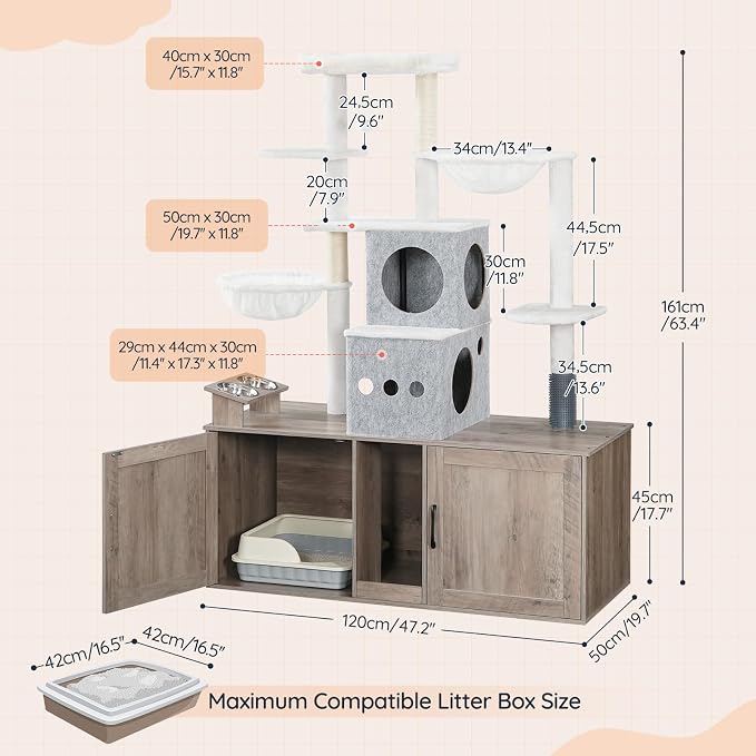HOOBRO Cat Tree with 47.2" Dual Litter Box Enclosure, 63.4" Tall Multi-Functional Tower for Cats, Hidden Litter Box Enclosure Furniture, with Feeding Bowls, Scratching Posts, Hammocks, Greige BG23MZ03 - Image 5